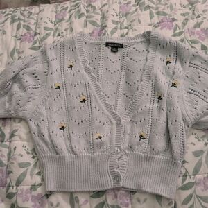 Wild Fable Blue Knit Crop Top Cardigan W/ Yellow And Green Embroidered Flowers